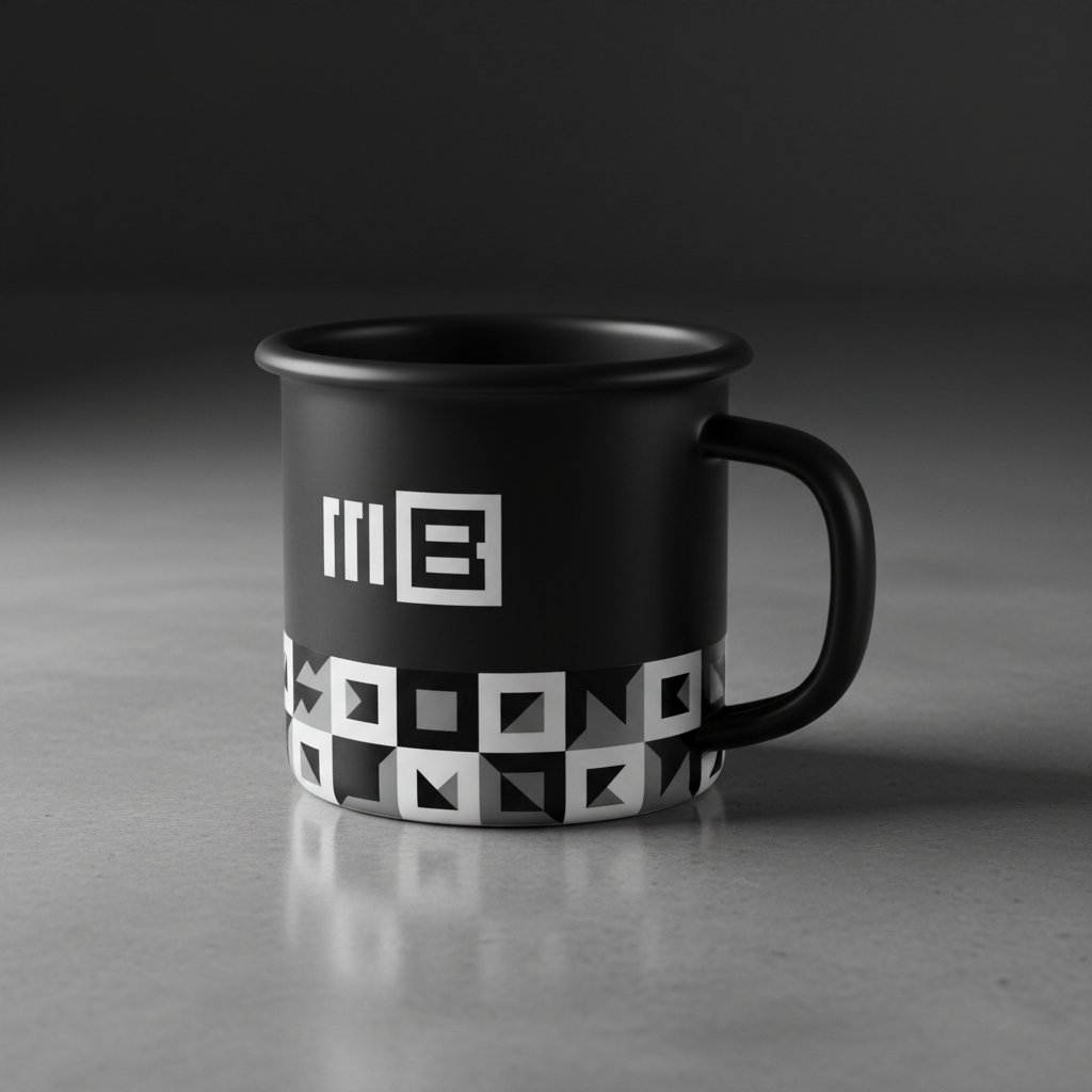Black enamel mug with pattern band wrapping the lower half