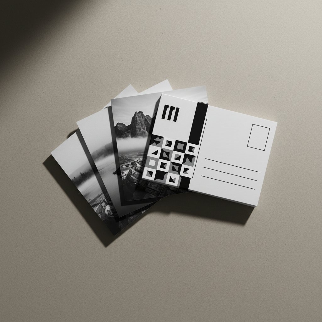 Stack of monochrome landscape postcards with pattern band