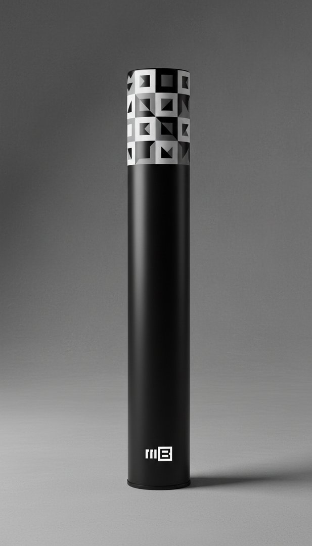 MB Photography limited-edition print mailing tube — long matte black tube with monogram pattern band wrapping the top section and the geometric MB logomark printed at the base