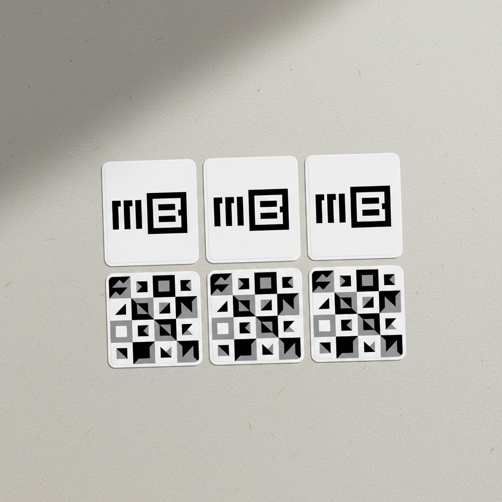 Die-cut sticker sheet with logomark stickers and monogram pattern tile stickers