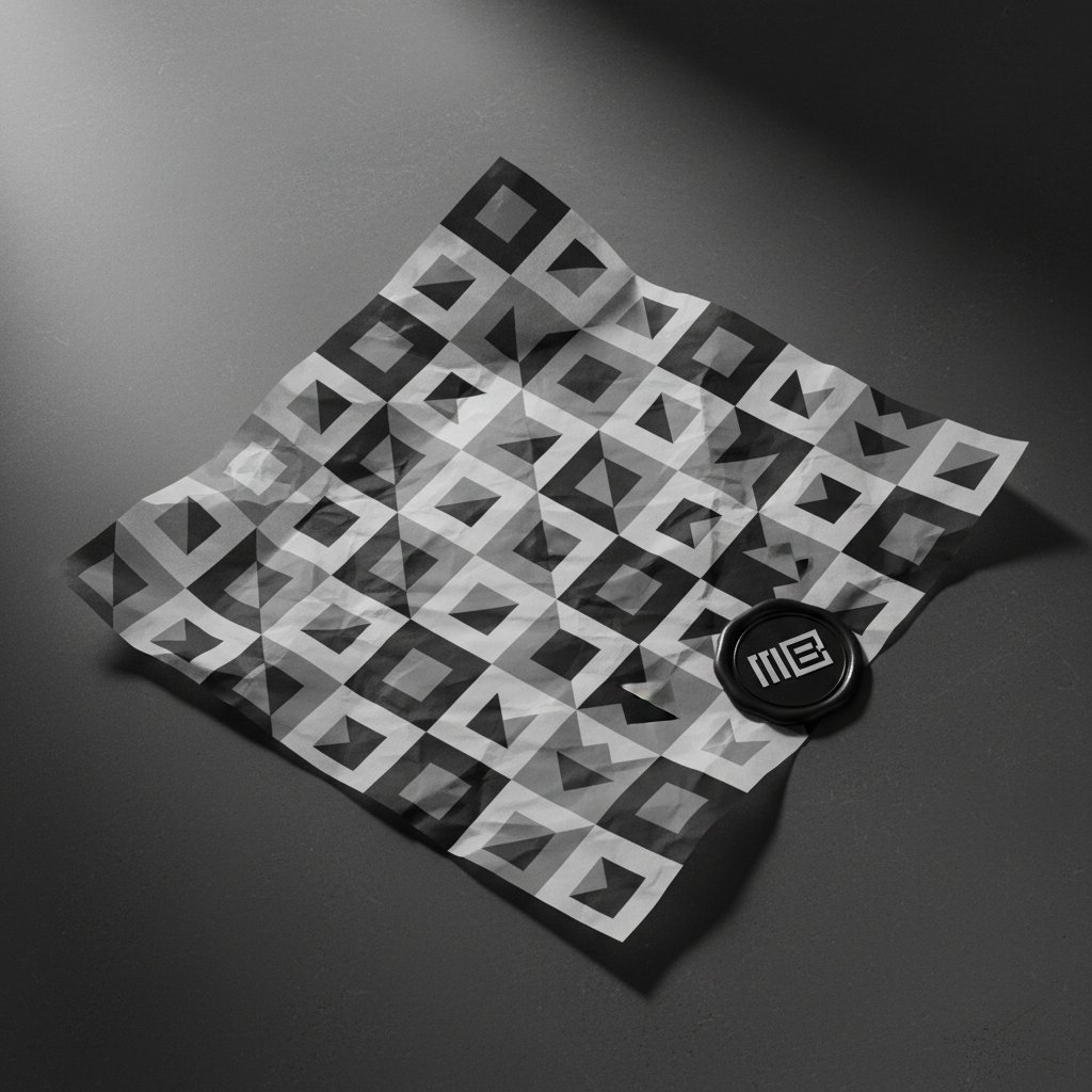 Tissue paper printed with monogram pattern, partially unfurled with wax seal in corner