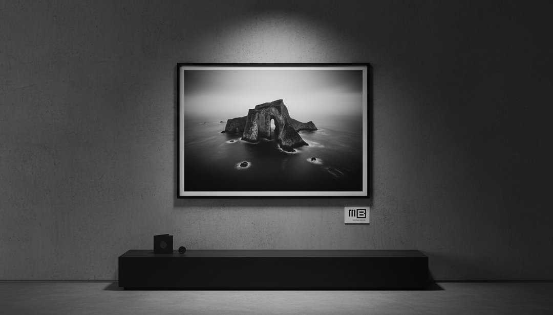 Framed limited-edition print on a gallery wall with logomark plaque